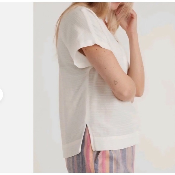 Marine Layer Women Short Sleeve Crop Cotton Blouse Sz S Minimalist Natural Beach - Picture 2 of 11